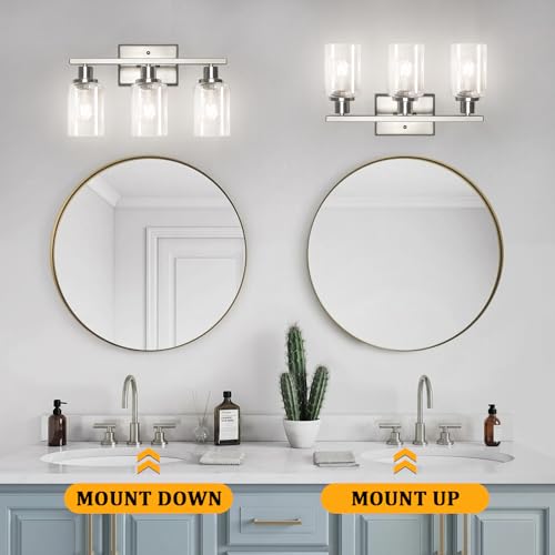 Image of Ascher Bathroom Light Fixtures, 3 Light Vanity Light with LED Bulbs Included, Brushed Nickel Wall Sconces with Clear Glass Shades for Mirror, Kitchen, Living Room, Hallway, Cabinet