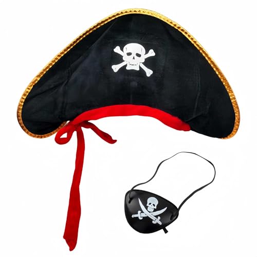 PEIQICHU Halloween Pirate Costume Accessories Pirate Hat with Eye Patch for Halloween Party Masquerade Coslay Pirate Hat Skull Print Pirate Captain Costume Cap
