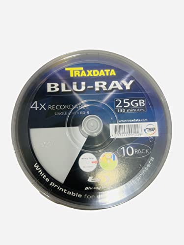 10 x Traxdata Full Face White Inkjet Printable Recordable Blu Ray Discs. BDR 25GB 4X 130 MINUTES