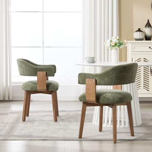 Green Upholstered Dining Chairs Set of 4, Mid Century Modern Dining Room Chairs with Wooden Legs and Armrest, Chenille Fabric Barrel Kitchen Chairs for Kitchen/Living Room