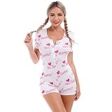 ABAFIP Damen Strampler mit Knopfleiste, V-Ausschnitt, kurzärmelig, einteilig, Pyjama, Body, niedlicher Druck, figurbetonter Overall, Weiße Buchstaben, M