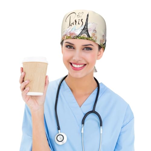 Image of Cute Pug Dog Print Working Cap Scrub Cap with Sweatband,Adjustable Fashion Bandage Tie Back Hat Headwear for Women Men