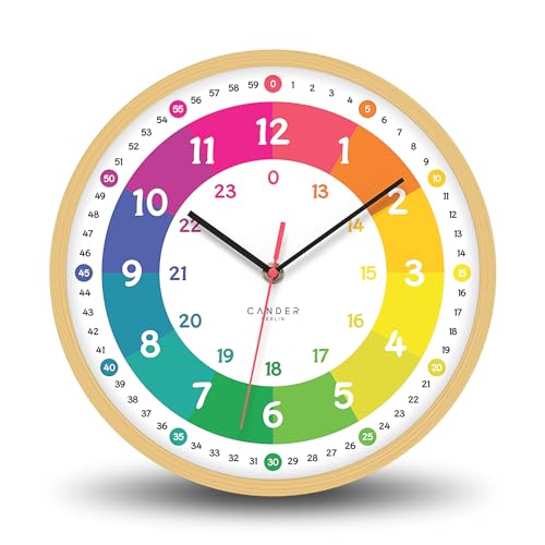 Cander Berlin MNU 2425 R Horloge murale silencieuse pour enfant Aspect bois Horloge d'apprentissage analogique sans tic-tac Multicolore 25 cm