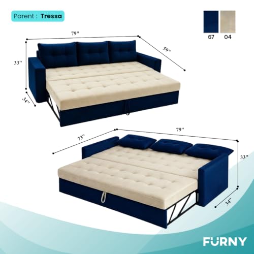 Image of FURNY Tressa 3 Seater Fabric Pull-Out Sofa Cum Bed Function (Dark Blue-Cream) | Luxury Velvet Suede Finish | Durable Comfort Sofa Bed for Modern Living Room & Office Spaces