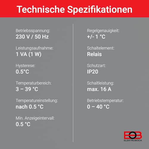 ELEKTROBOCK PT14 Digitaler Raumthermostat 230V | Ein Knopfdruck - Temperaturwechsel | kein programmieren notwendig | großes beleuchtetes LCD Display | Wandthermostat für elektrische Heizungen