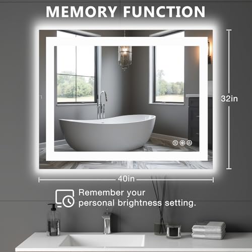 Image of NEWBULIG 32X40 Inch LED Bathroom Wall Mirror with Lights, Light up Vanity Bathroom Mirror for Over Sink, Anti-Fog and Dimmable, Front Light and Backlit, Memory Function, Shatter-Proof, White