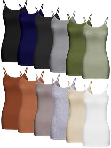 WILLBOND 12 Pcs Women Basic Long Tanks Adjustable Spaghetti Strap