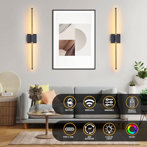 Image of 15800 mAh Battery Operated Wall Sconces with Remote Control Dimmable Wall Sconces Set of Two 3000K LED Brass Gold and Black Wireless Wall Light Battery Powered Cordless Rechargeable Sconces Decor