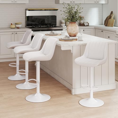 Image of Youhauchair Adjustable Faux Leather Bar Stools Set of 4, White | Swivel, Counter Height, Back & Footrest, Armless, PU, Modern, Kitchen Island Stool, Upholstered Dining Room Chair