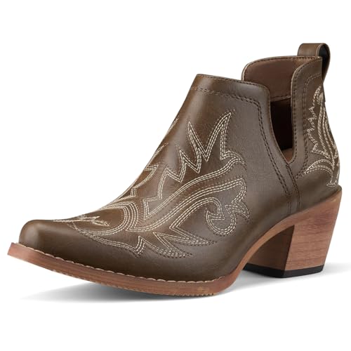 Rollda Cowboy Ankle Booties for Women, Cowgirl Short Boots with Chunky Stack Heels, V Cutout Ladies Western Booties for Cowboy Chic Style, Brown, Size 8