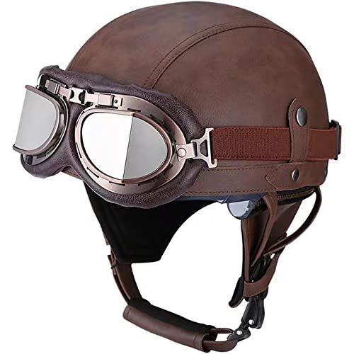 DJCALA Retro Street Motorcycle Helmet for Men & Women Classic Vintage Open Face Leather Half Helmet DOT Certified for Cruiser Moped Chopper Jet Scooter ATV, Brown (53-60cm) A Large