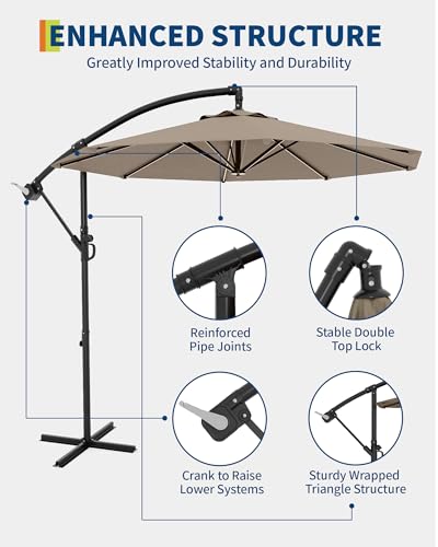 Cantilever Umbrella with Cross Base, 10FT Shade for 2-6 People, Outdoor Offset Design with Infinite Tilt and Crank Lift, Fade-Resistant Cross Base Canopy for Deck Pool Garden Backyard,Tan