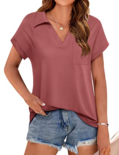Vivilli Ladies Tops And Blouses Short Sleeve Collared Tops For Women Relaxed Fit Collar Shirt Work Shirts For Women Office Women's Business Casual Clothing Rust Red Large #TOP1