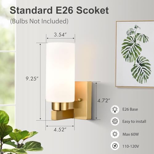 DEYNITE Modern Gold Wall Sconce Dimmable Bathroom Vanity Light with Milky White Cylinder Glass Shade Set of 2 by DEYNITE - Image 2