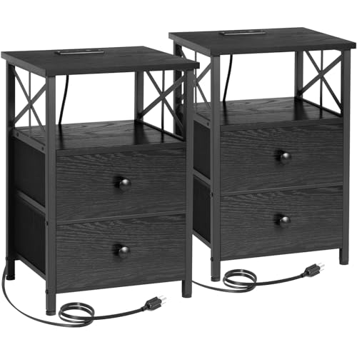 AMHANCIBLE Night Stand Set 2, Black Nightstand with Charging Station, End Tables Living Room with USB Ports and Outlets, Bedside Table with Fabric Drawers for Bedroom, HET05XBK