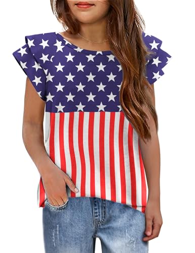 Image of Arshiner 4th of July Shirt for Girl Patriotic American Flag Ruffle Short Sleeves Shirts Tops Tee Blouse