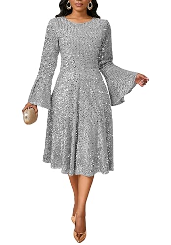 BINXIAD Damen Rundhals Pailletten Kleid Glitzer A Linie Kleid Sparkly Langarm Hohe Taille Midi Kleider, GRAU, Groß