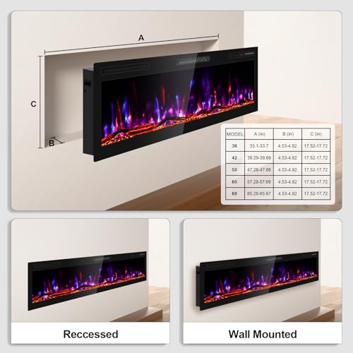Image of Zionheat 68 inch Wide Screen Electric Fireplace-Wall Fireplace for Living Room-Fireplace Inserts /Wall Mounted with Remote Control, Timer, Dimmer, 12 Flame Colors, 750 /1500W
