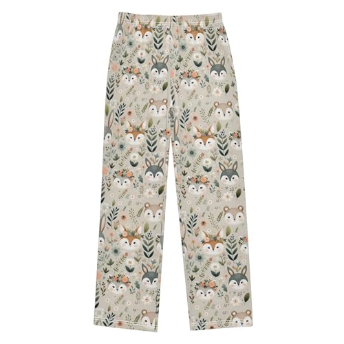 Cute Animals Face and Floral Seamless Pattern Pajamas Bottoms with Pockets Comfy Pjs Sleepwear Elastic Waistband Pajamas Pants Lounge Pants for 6-14 Years