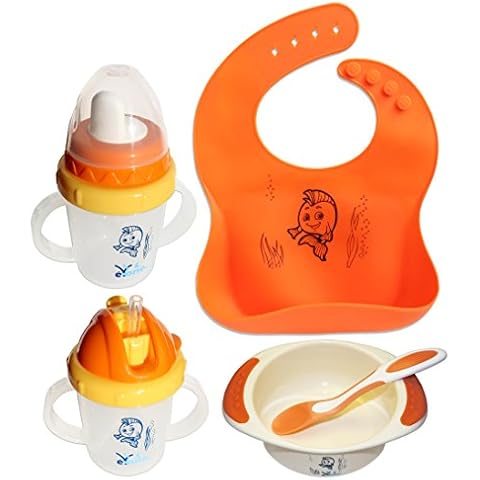 Baby Feeding Set for Boys & Girls, BPA Free Sippy Cup + Training Cup with a Straw + Waterproof Silicone Bib + Bowl with Color Change Spoon (5 pcs) Cover