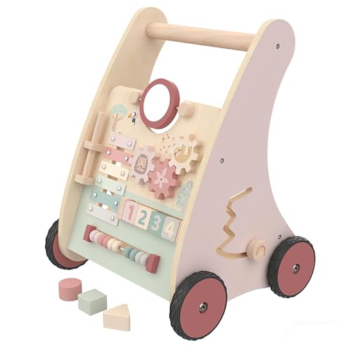 Wooden Baby Walker with Anti-Tip Design, Montessori Activity Center for