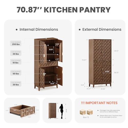Image of Pantry Cabinet, 71 inch Tall Pantry Cabinet,Modern Kitchen Cabinet with Doors, Drawers & Adjustable Shelves, Freestanding Food Pantry Cupboard with Side Rack for Kitchen Dining Room,Walnut
