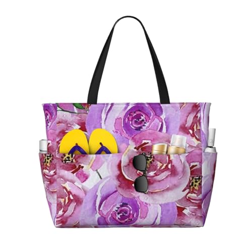 Grand sac de plage imprimé pivoines avec poignées robustes pour femme