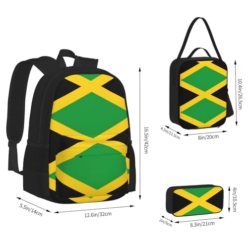 Jamaica Flag Print 3 Piece Set Backpack, Lunch Bag, Pencil Case, Cute Sturdy For College And Travel4