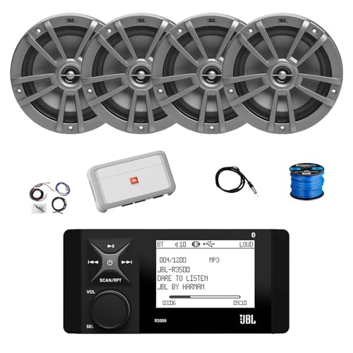 Marine Bluetooth AM/FM/WeatherBand Radio Receiver, 4X 6.5 180 Watt 2-Way Multi-Element Audio Speakers (Gray), Wire, Antenna, 4-Channel Amplifier w/Kit