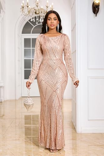 Image of VERWIN Women's Sequins Bodycon Round Neck Long Sleeve Sparkly Mermaid Maxi Dress for Casual Party Cocktail