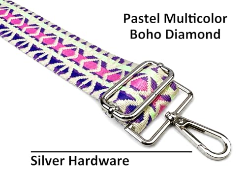 Image of Pastel Multicolor Boho Diamond Purse Strap with Silver Hardware 2 Inch Wide Replacement Crossbody Guitar Style Shoulder Strap for Handbags Totes