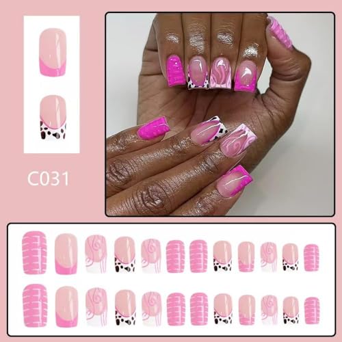 Image of Pink Nail Press ons French Tip Fake Nails with Embossed Design Glossy Glue on Nails Hot False Nails Reusable Artificial Acrylic Full Cover Short Square Stick on Nails for Women Girls Manicure 24Pcs