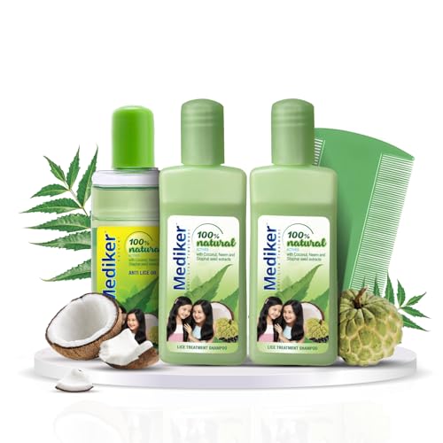 Image of Mediker Anti Lice Combo, Anti lice Shampoo 50ml pack of 2 + Anti lice Oil + Lice Comb, 150 ml, Effective painless way of Lice removal, 100% Natural active with Coconut, Safe for kids