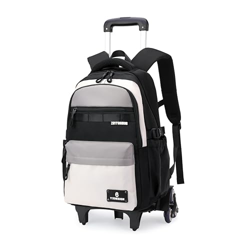 ZHANAO Mochila com rodinhas para meninos com bloqueio de cor para estudantes do ensino médio, mochila de livros para meninos do ensino fundamental, Preto - 6 rodas, 6 Wheels