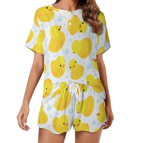 Pyjama femme manches courtes au motif de canard pour des nuits d'ete fraiches
