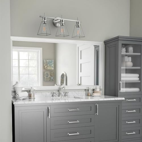 Image of Industrial Bathroom Vanity Lights: 3-Lights Silver Brushed Nickel Vintage Metal Cage Wall Lamp - Rustic Farmhouse Light Fixture Over Mirrors Cabinet for Bath Hallway