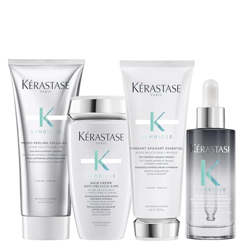 Kérastase Symbiose, Rutina Exfoliante y Purificante, Exfoliante y purificante, Champú anticaspa, Acondicionador desenredante y Sérum reequilibrante, Para cuero cabelludo sensible