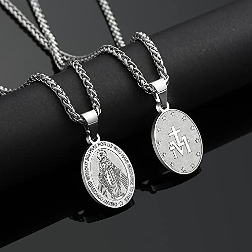 P. BLAKE Oval Saint Christopher/Michael/Joseph/Jude/Virgin Mary/Joseph/Francis/Patrick/Anthony/Benedict/Thomas Necklace for Men Women, Stainless Steel Catholic Patron Pendant with Chain 24 Inches