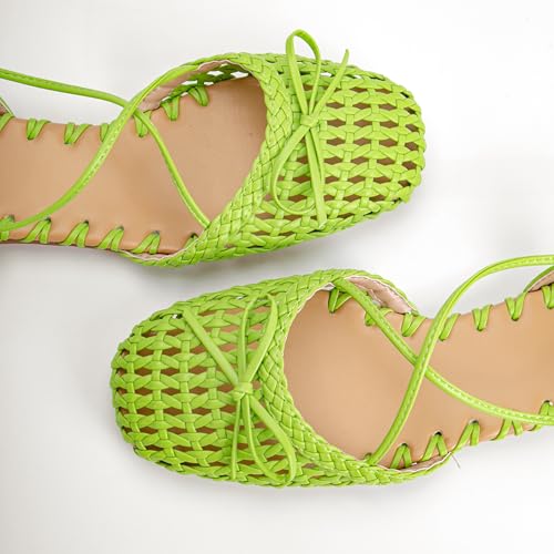 Image of Woven Ballet Flats for Women Lace Up Closed Square Toe Summer Sandals Dressy Shoes