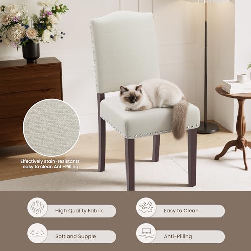 Image of Upholstered Dining Chairs Set of 2 with Thickened Seat Cushion, Wooden Mid-Century Modern Fabric Farmhouse Kitchen Chairs for Dining Room Living /Restaurant /Reading Room(Beige)