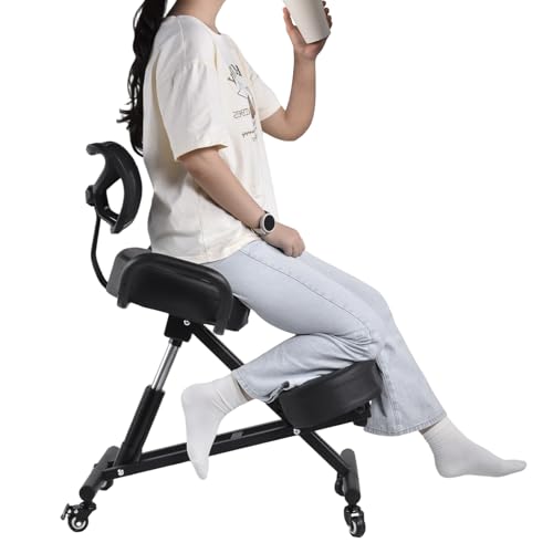 Chaise genoux ergonomique avec dossier | Hauteur réglable de 57 à 67 cm et rembourrage en maille respirante | Repose-jambes 4 positions et siège stable jusqu'à 100...