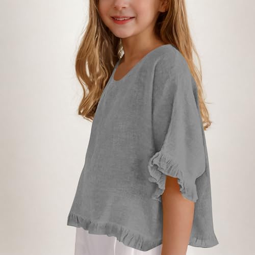 Kids White Tee Shirts Pack Cotton and Linen Five Point Sleeves Girls' Solid Color Casual Tops Grey T Shirts for Girls3