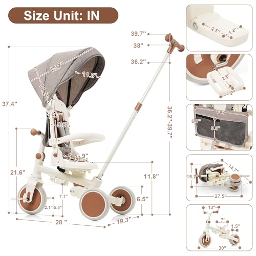 Image of 7 in 1 Baby Tricycle, Foldable Toddler Tricycle with Removable and Adjustable Parent Handle, Toddler Push Bike with Removable Pedal, Canopy, and Guardrail, Tricycle for 12-72 Months (Ivory)