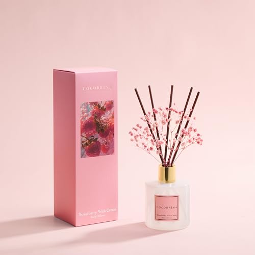 Image of COCORRINA Reed Diffuser - Strawberry with Cream 6.7 fl oz Reed Diffuser with Sticks, Home Bedrrom Bathroom Shelf Decor