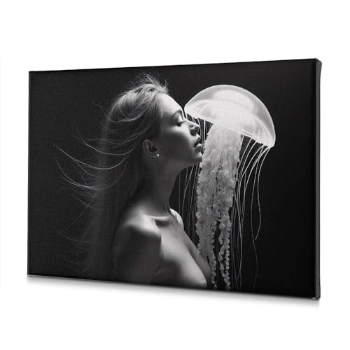 Toile A Woman With Long Hair Is Kissing A Jellyfish tableau deco 30x40
