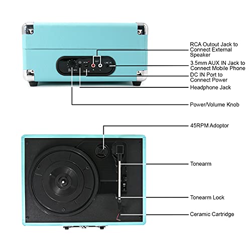 Image of Claw Stag Portable Vinyl Record Player Turntable with Built-in Stereo Speakers, Volume Control Knob, AUX Input and RCA Output, 78 RPM Speed, High Qualiy Diamond Stylus and Headphone Jack (Blue)