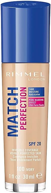 Rimmel London Match Perfection Natural Liquid Foundation (Ivory 100) Natural Finish, Medium Coverage For Combination Skin, 1 Count
