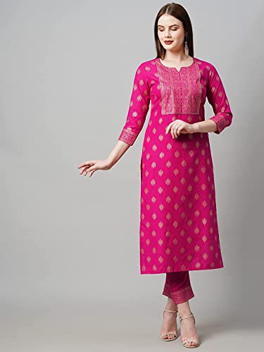Image of GoSriKi Women's Cotton Blend Printed Straight Kurta with Pant & Dupatta