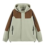 Fall Jacket for Women Color Block Coat Hooded Outdoor Mountain Windproof Outwear Sports Assault Coat with Pockets Green