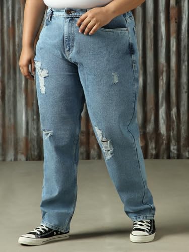 Image of High Star Women Cotton Washed Mom Fit Casual High-Rise Jeans